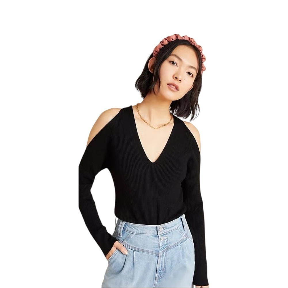 Anthropologie Fontaine Open Cold Shoulder V Neck Long Sleeve Sweater Top Size S